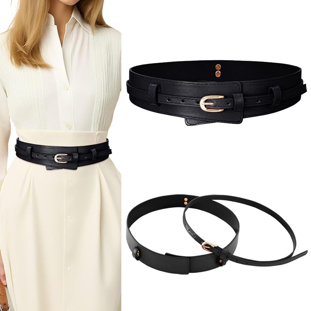 7336 2 In 1 Skinny Belts For Women Wide Leather Belt With Gold Buckle B015